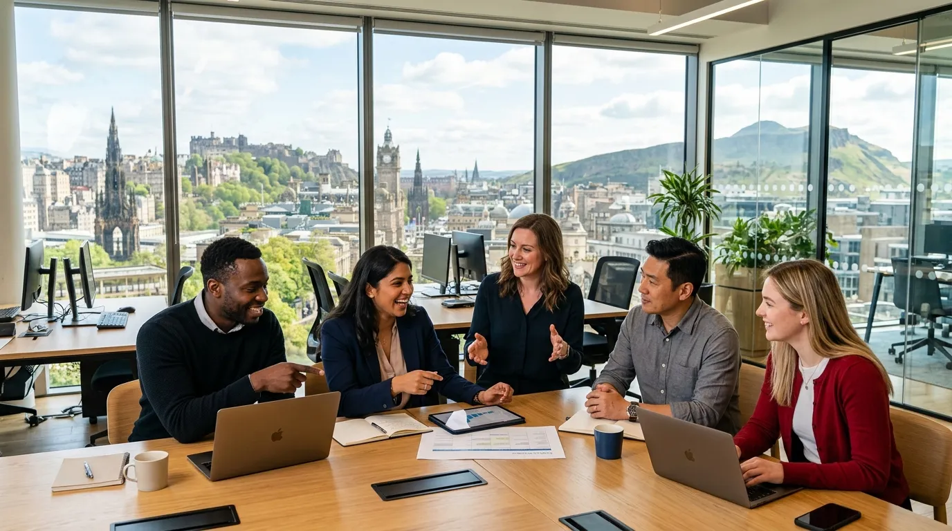 A professional, dynamic hero image showing a diverse group of professionals collaborating in a moder... A professional, dynamic hero image showing a diverse group of professionals collaborating in a modern Edinburgh office with views of the city's skyline, including Arthur's Seat in the background. Style is vibrant, optimistic, and professional.