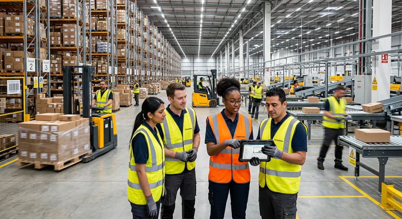 A dynamic, high-energy hero image showing a modern, bustling warehouse distribution center. In the f... A dynamic, high-energy hero image showing a modern, bustling warehouse distribution center. In the foreground, a diverse team of warehouse operatives and a supervisor in high-visibility vests are collaboratively checking a digital tablet against a backdrop of organized shelving and forklifts in motion. The style is professional, sharp, and conveys efficiency and scale.