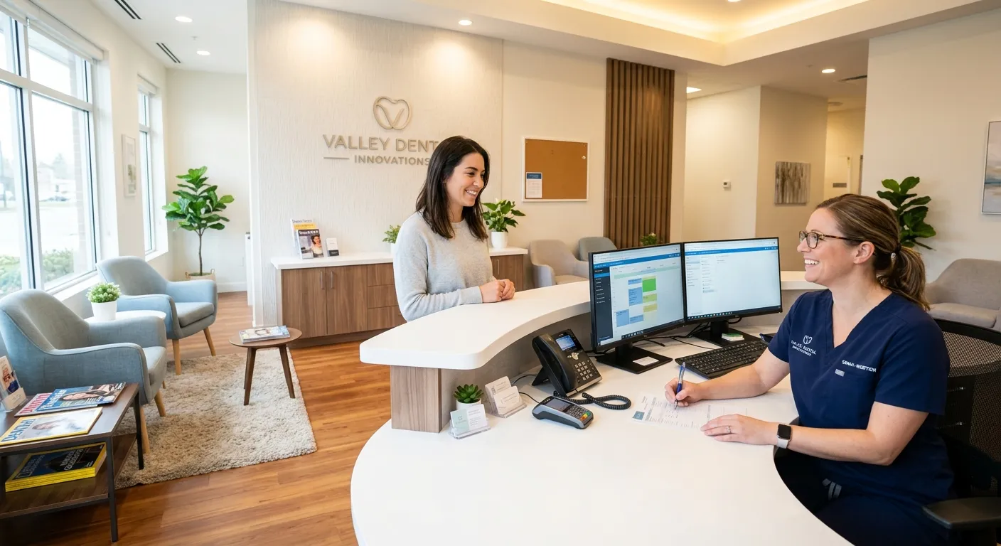 A professional, welcoming dental office reception area. A friendly receptionist in scrubs is smiling while helping a patient at the front desk. The image should be bright, clean, and convey a sense of calm efficiency.
