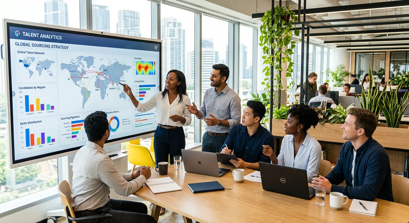 A modern, diverse team of professionals collaborating in a bright, sunlit office. They are gathered around a digital screen displaying talent analytics and global maps, symbolizing strategic sourcing. Style: professional stock photo, high contrast, vibrant. Mood: innovative, collaborative, and data-driven.