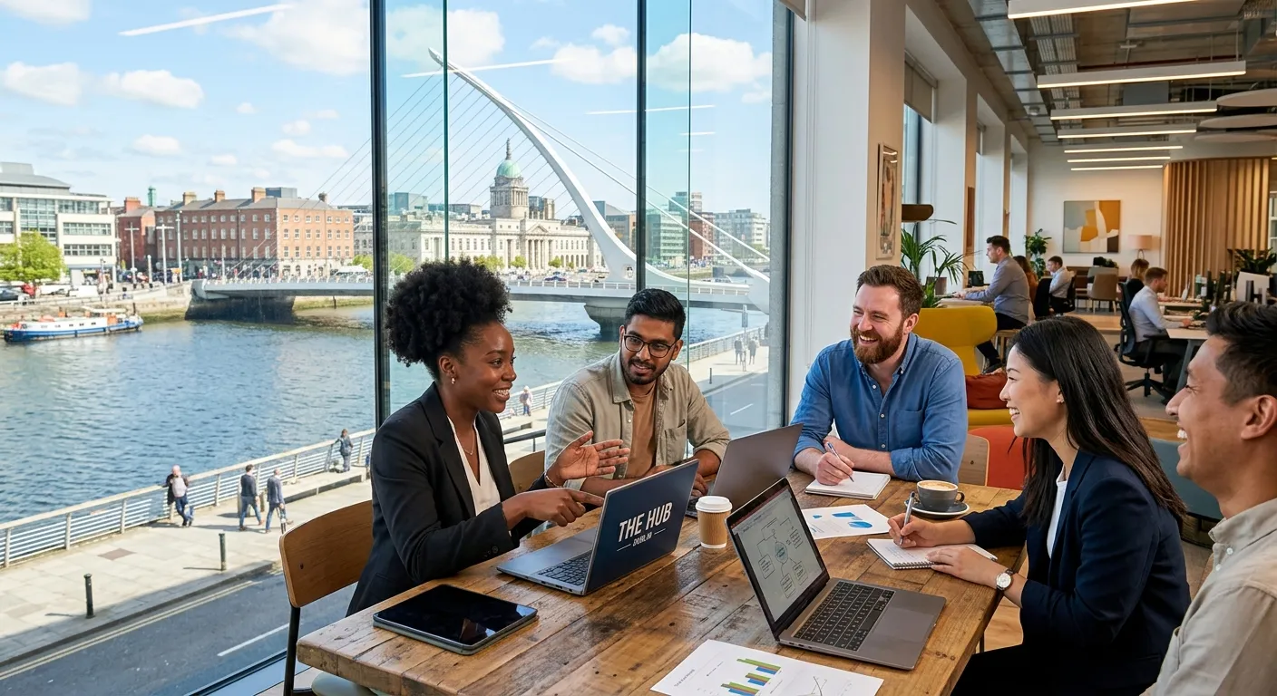 A dynamic, professional photo of a diverse group of people collaborating in a modern Dublin office,... A dynamic, professional photo of a diverse group of people collaborating in a modern Dublin office, with the River Liffey visible through a glass window. Style: Bright, optimistic, professional. Mood: Energetic and productive.