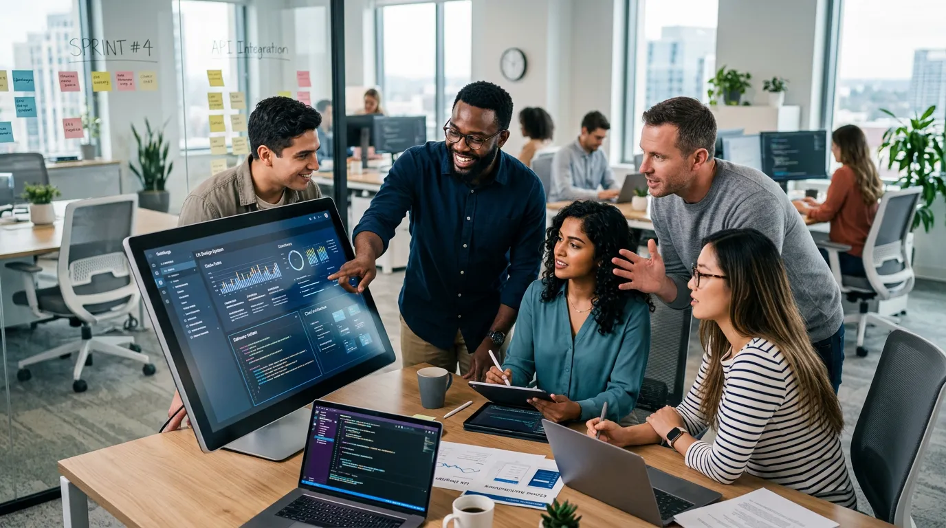 A dynamic, professional hero image showing a diverse team of skilled workers collaborating in a mode... A dynamic, professional hero image showing a diverse team of skilled workers collaborating in a modern office environment, with a focus on technology and teamwork. The mood is energetic, innovative, and solution-oriented.