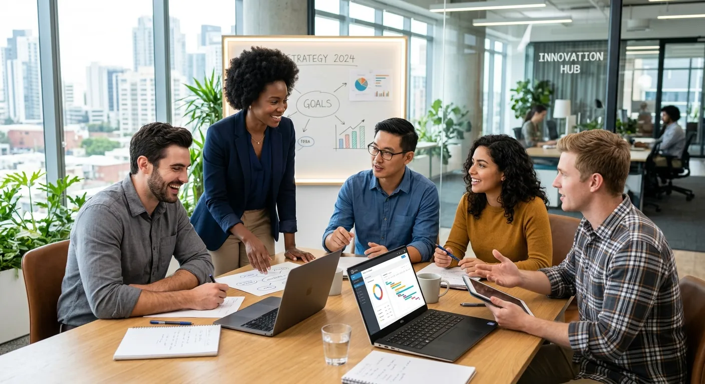 A diverse, professional team collaborating in a modern office, looking engaged and productive. Style... A diverse, professional team collaborating in a modern office, looking engaged and productive. Style: Bright, high-resolution, professional stock photo. Mood: Successful, collaborative, and future-focused.