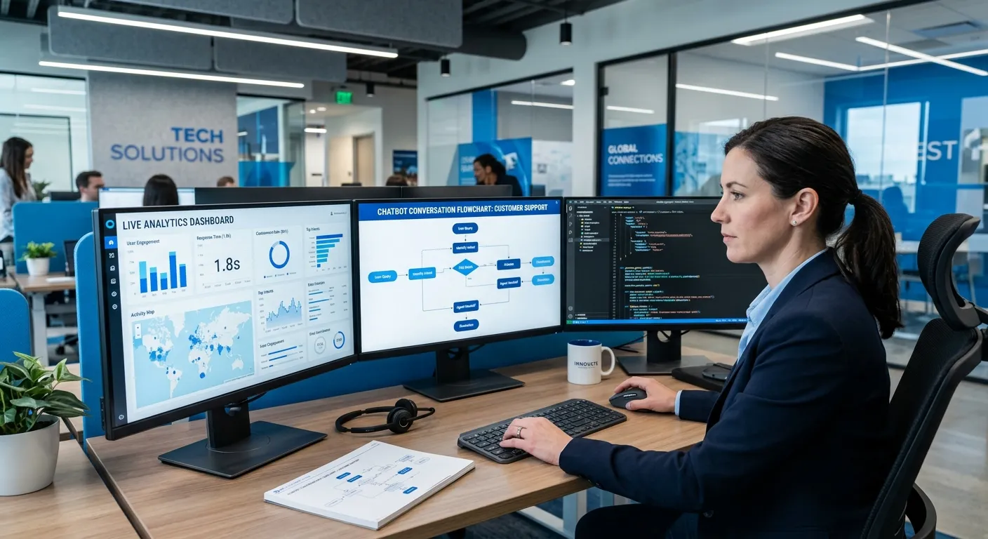 A modern, professional workspace with a Chatbot Implementation Specialist working on multiple screen... A modern, professional workspace with a Chatbot Implementation Specialist working on multiple screens. One screen shows chatbot conversation flowcharts, another displays live analytics dashboards, and a third shows code. Style: Clean, tech-focused, with a blue and white color scheme. Mood: Innovative, efficient, and strategic.