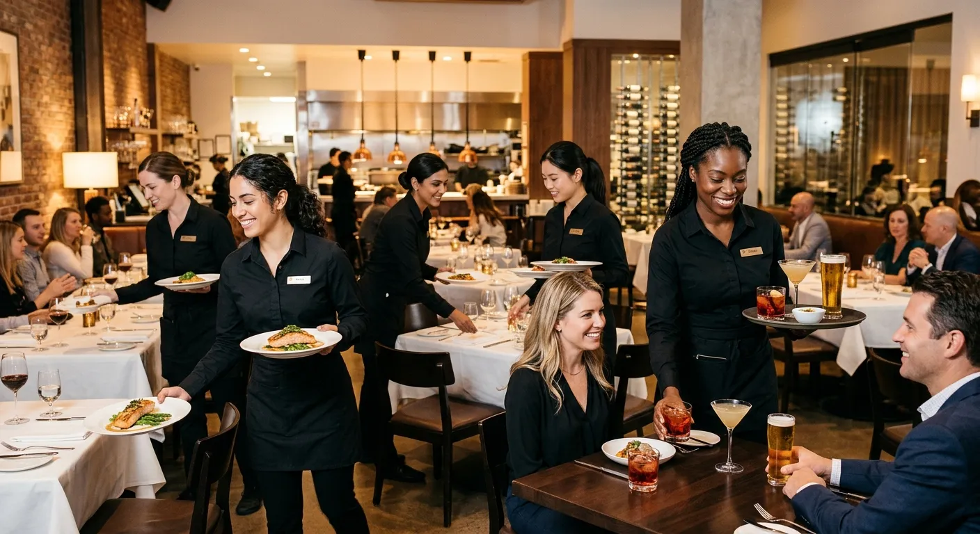 A professional, diverse team of waitresses smiling and working efficiently in a modern, upscale restaurant. Style: Bright, authentic, and welcoming. Mood: Energetic and professional.