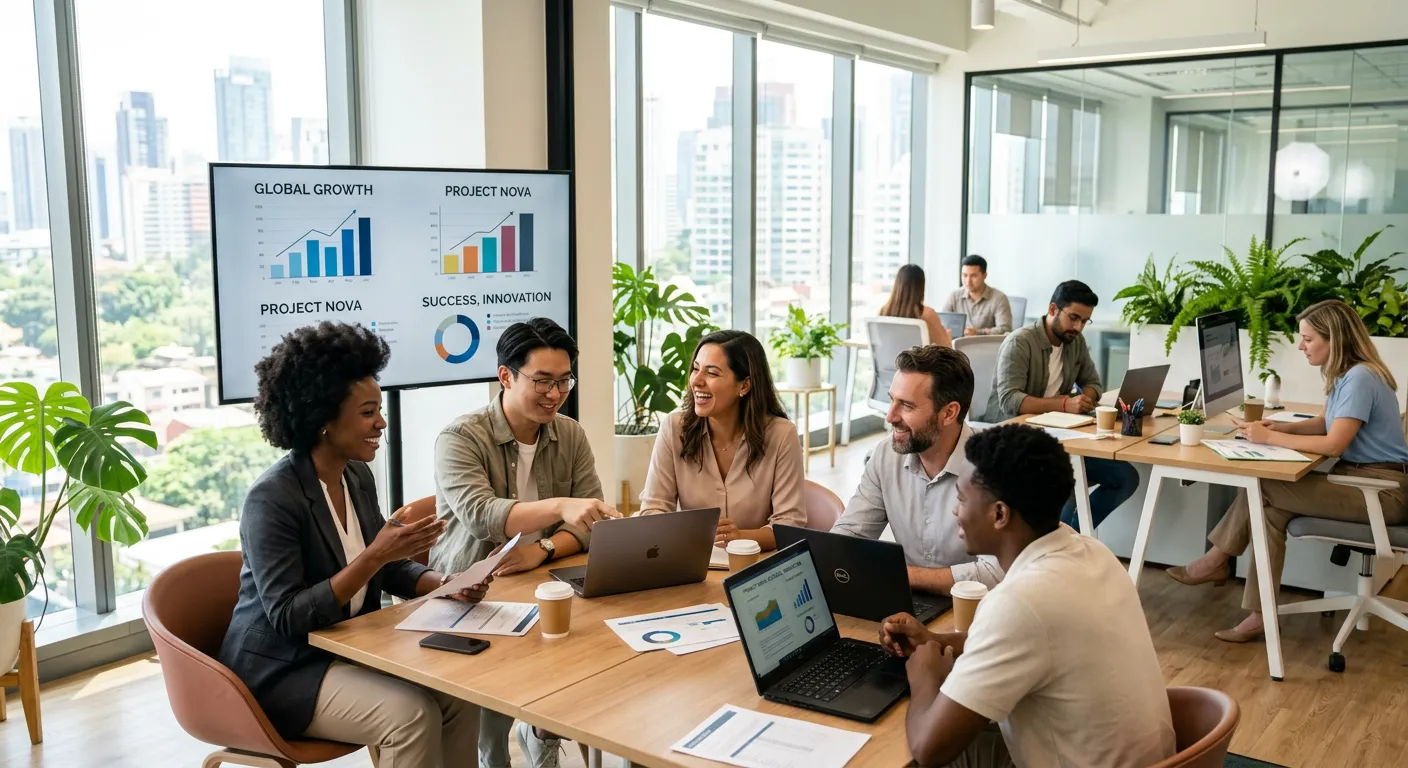 A diverse group of modern professionals collaborating in a bright, sunlit office space, some at desk... A diverse group of modern professionals collaborating in a bright, sunlit office space, some at desks, others in a meeting. Style: Corporate, vibrant, and dynamic. Mood: Productive, innovative, and connected.