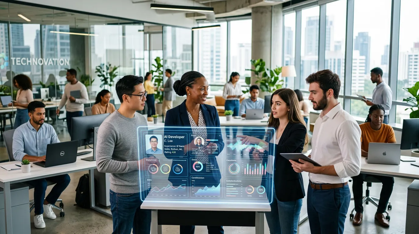 Modern, dynamic hero image showing a diverse team of professionals collaborating in a bright, tech-f... Modern, dynamic hero image showing a diverse team of professionals collaborating in a bright, tech-forward office environment. A manager is reviewing candidate profiles on a large, futuristic transparent screen displaying data visualizations. Style: Professional, optimistic, high-tech. Mood: Forward-looking, efficient, and collaborative.