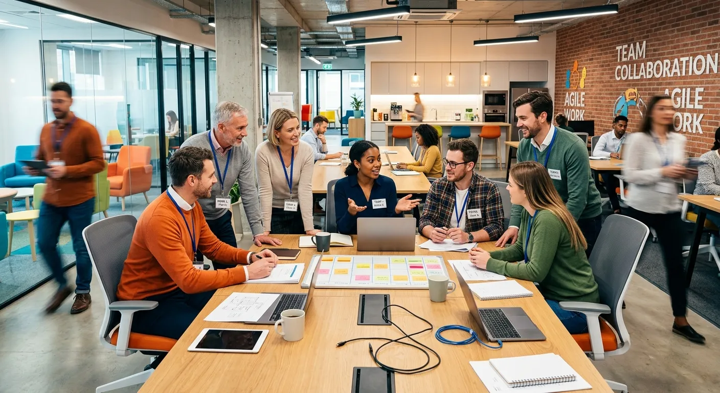 A dynamic, professional office environment showcasing a diverse team of temporary workers collaborating with permanent staff in a modern workspace. Style: High-contrast, vibrant, and energetic mood.