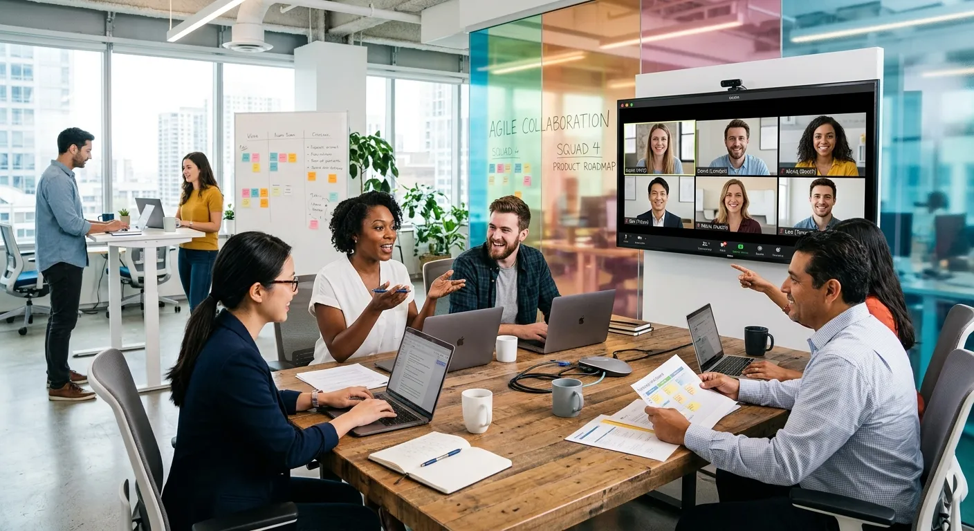 A professional, diverse team collaborating in a modern office with a mix of in-house and remote staff visible on screens, conveying agility and seamless integration. Style: Bright, optimistic, high-resolution corporate photography.