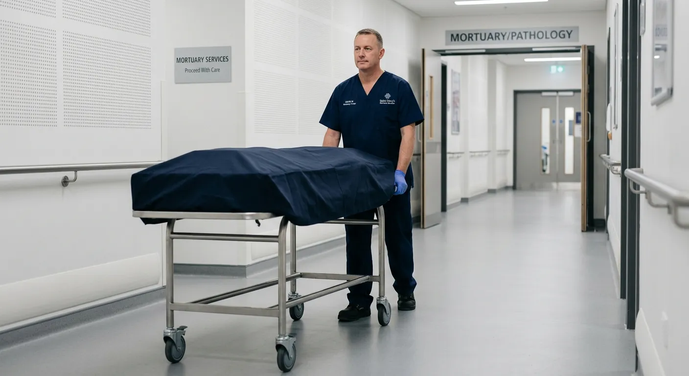 A respectful, professional image of a mortuary porter in a clean, modern hospital or mortuary settin... A respectful, professional image of a mortuary porter in a clean, modern hospital or mortuary setting, wearing appropriate uniform, handling a wheeled trolley with dignity and care. The mood is solemn, professional, and trustworthy.