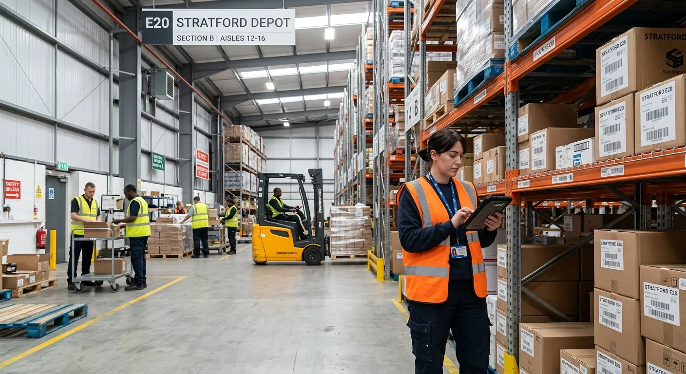 A medium-wide shot of a modern, organised warehouse in Stratford, E20, with a supervisor in a high-v... A medium-wide shot of a modern, organised warehouse in Stratford, E20, with a supervisor in a high-vis vest using a tablet to check stock, with team members working in the background