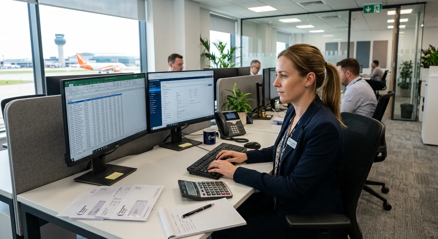 A professional, well-lit office environment at Manchester Airport, featuring a focused Payroll Administrator working efficiently on a dual-monitor setup with payslips and a calculator visible, conveying accuracy and a busy airport business park setting.