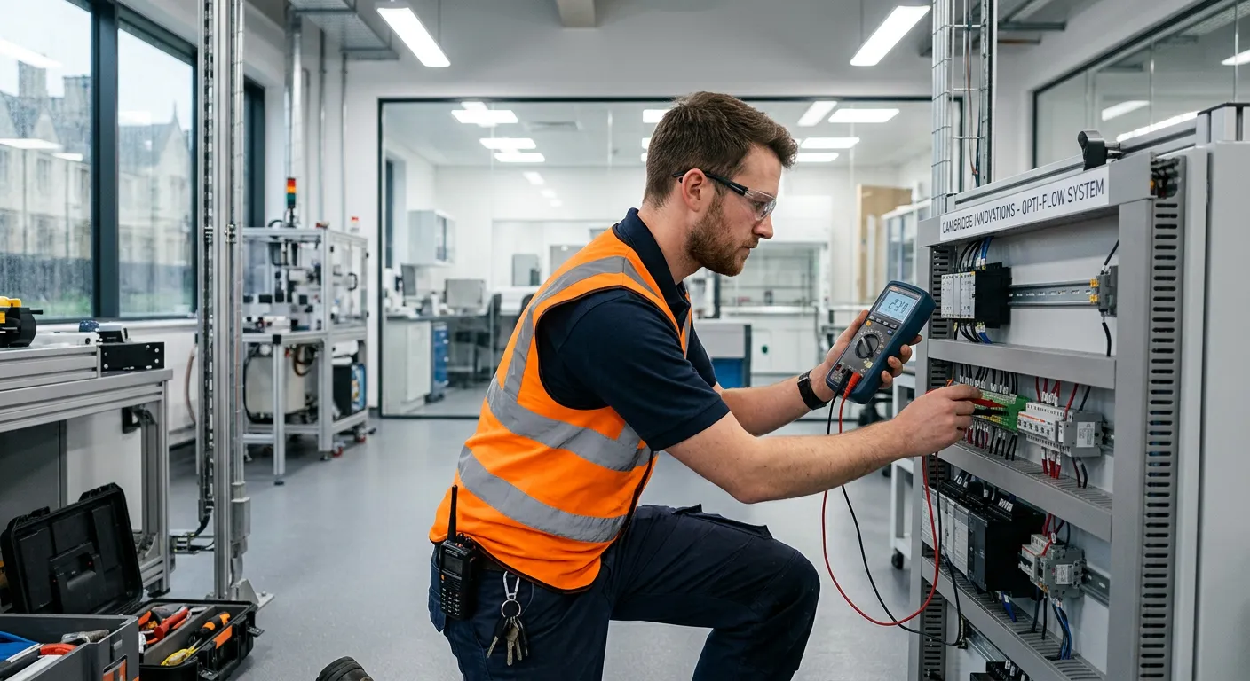 Professional photo of a maintenance technician in a clean, modern industrial or commercial facility in Cambridge, wearing a high-vis vest, using a digital multimeter to test electrical equipment. The mood is competent, safe, and technology-focused.