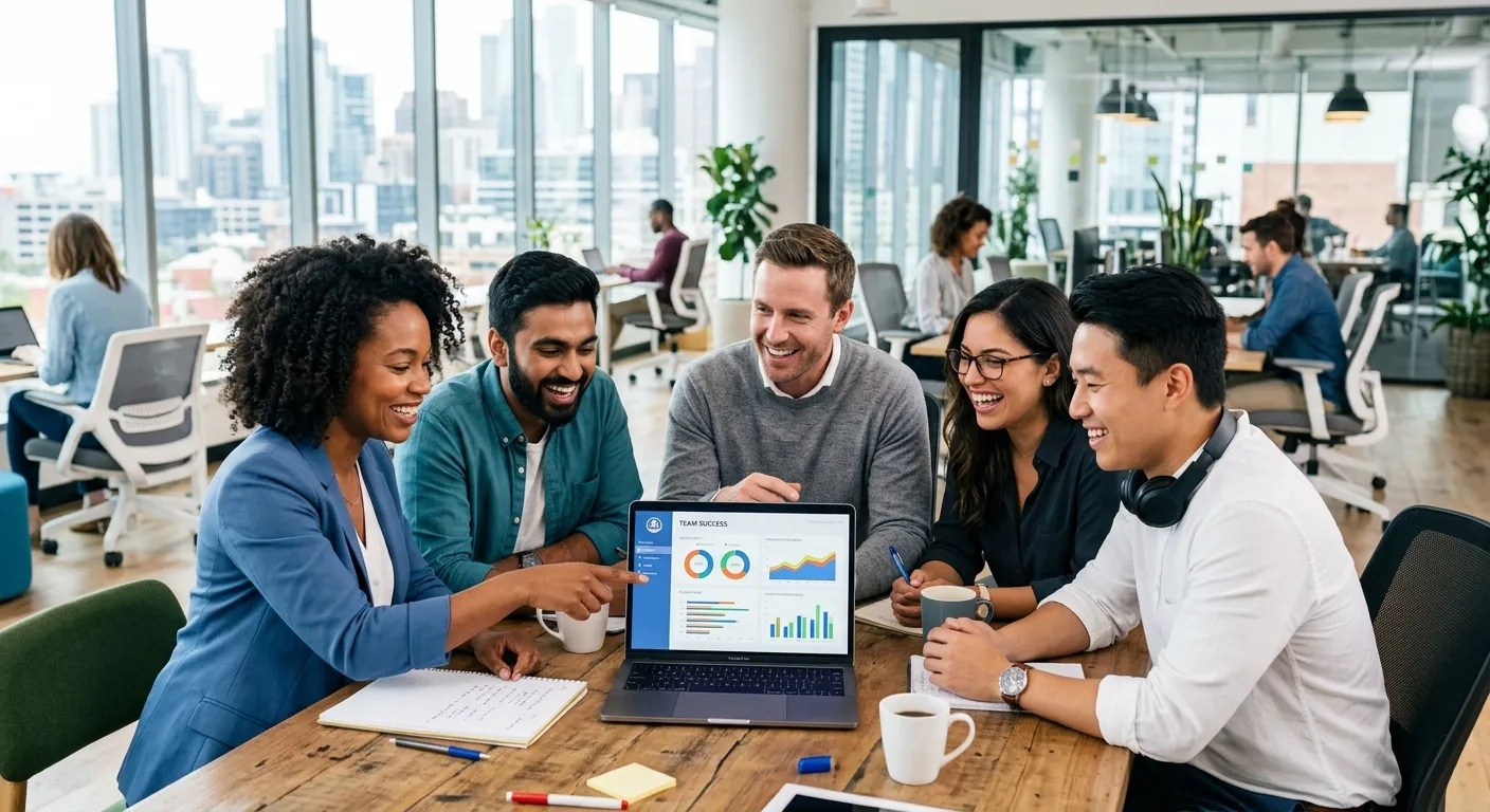 A modern, diverse team of professionals collaborating in a bright, open-plan office. They are smiling and gathered around a laptop, symbolizing successful talent acquisition and teamwork. Style: Professional stock photography, bright and aspirational.