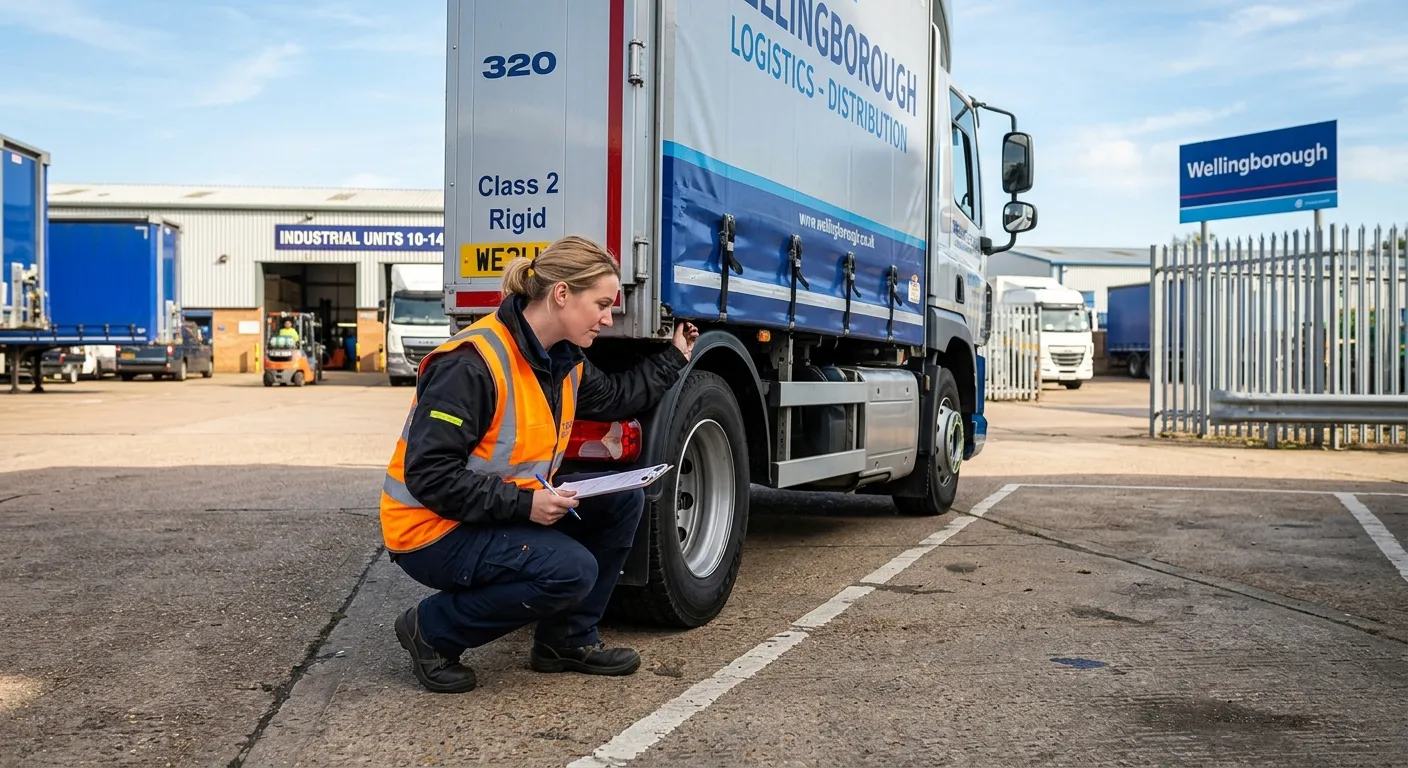 Professional HGV Driver in a high-visibility vest performing a vehicle check on a Class 2 rigid lorry in an industrial estate in Wellingborough, sunny day, confident and capable demeanour.