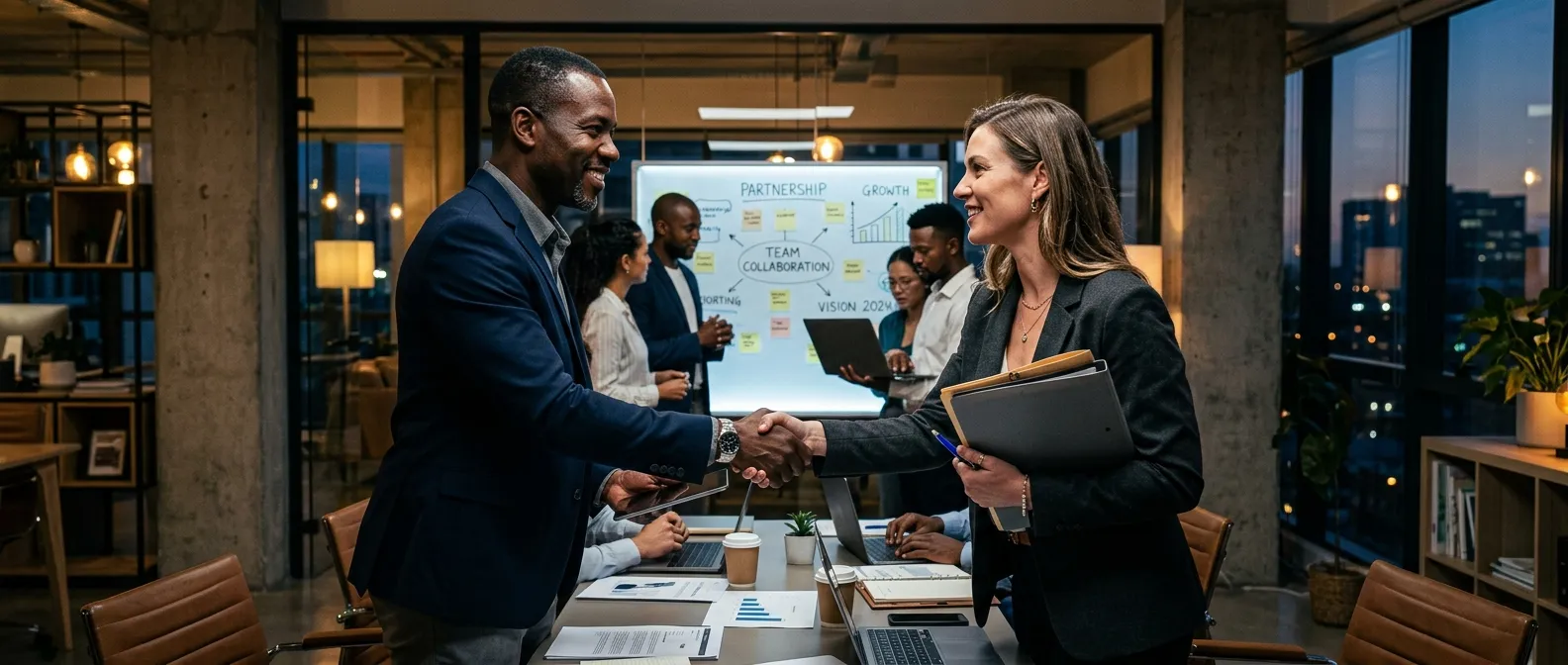 A dynamic, high-contrast hero image showing a diverse team of professionals collaborating in a modern office. Focus on a handshake between a business manager and an HR consultant, symbolizing partnership. Moody lighting with sharp highlights on faces and hands.