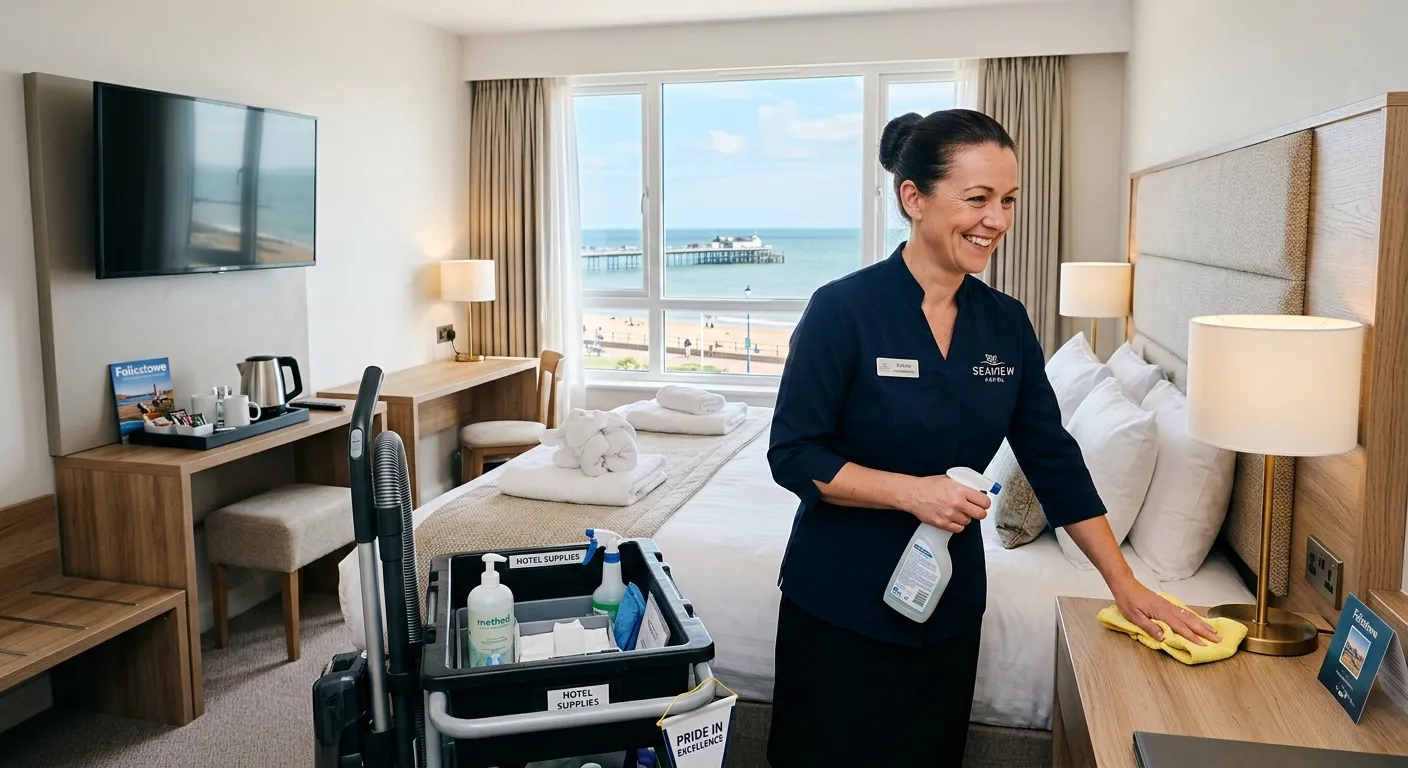 Professional, welcoming image of a housekeeping staff member in a crisp uniform, smiling while cleaning a modern, sunlit hotel room in Felixstowe, conveying a sense of pride and opportunity. Style: Bright, clean, aspirational.