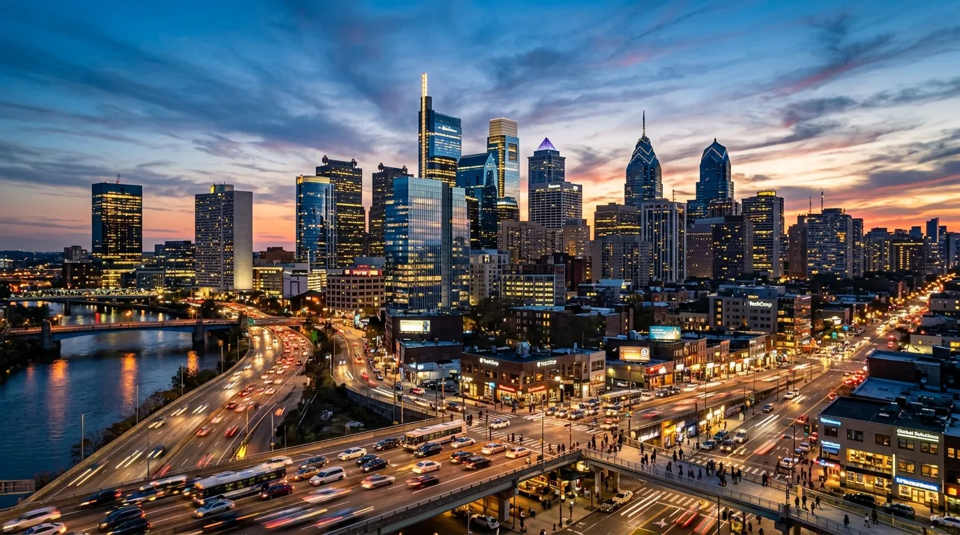 A professional, wide-angle shot of a diverse city skyline at dusk, featuring modern office buildings and lively streets, symbolizing opportunity and urban growth. The mood is aspirational and dynamic.