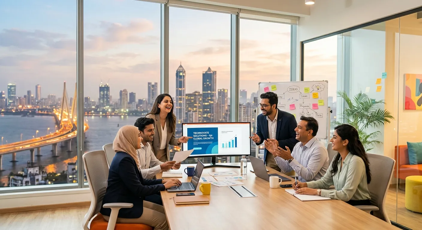 A professional, high-energy image of a diverse group of Indian professionals in a modern office collaborating, with a city skyline visible through the window. Style is bright, optimistic, and forward-looking.