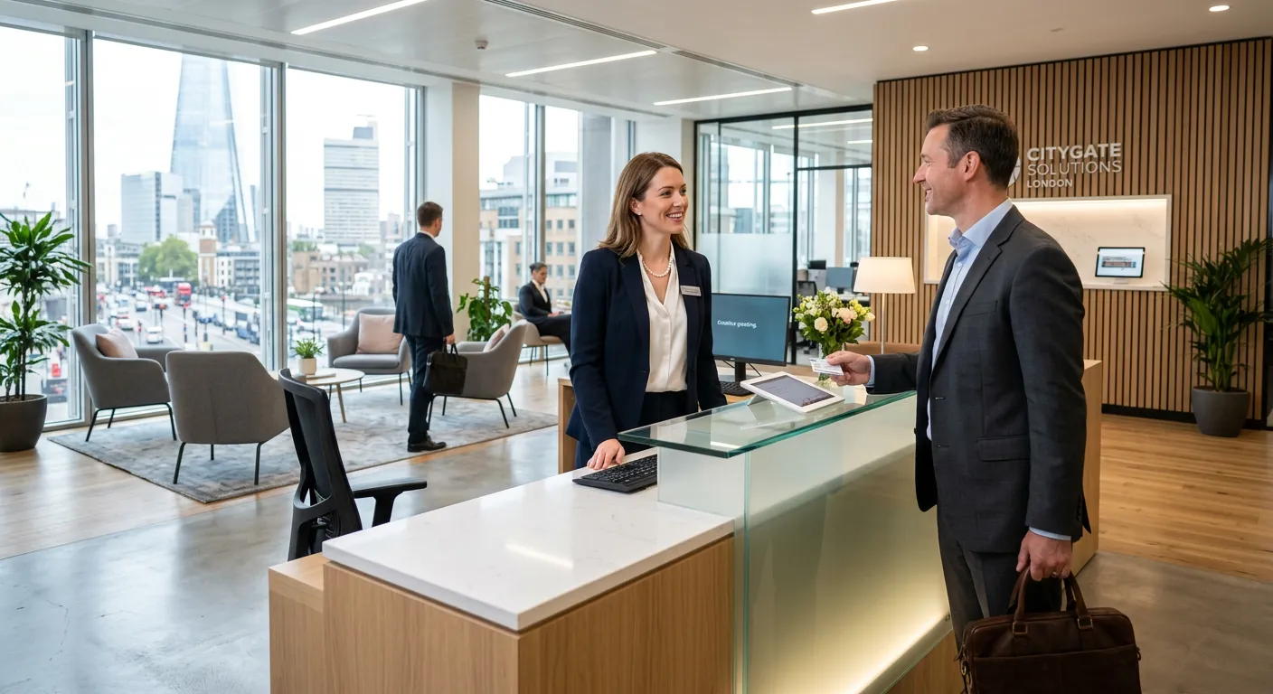 A modern, professional London office reception area. A well-dressed administrator receptionist smile... A modern, professional London office reception area. A well-dressed administrator receptionist smiles while greeting a visitor. The scene is bright, airy, and conveys efficiency and hospitality.
