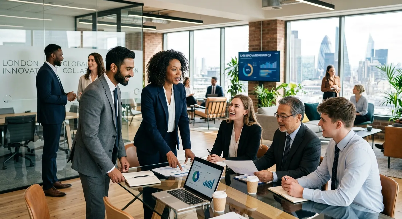 A professional, diverse group of UK-based professionals in a modern office setting, looking confident and engaged. Style: High-resolution, bright, and aspirational. Mood: Successful, collaborative, and forward-thinking.