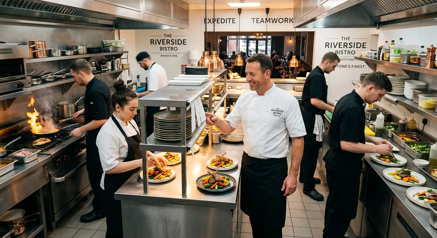 Professional, high-energy kitchen scene in a modern Maidstone restaurant or hotel, showing a Kitchen Manager in chef's whites overseeing a busy team, with vibrant food being prepared. Focus on leadership and a clean, efficient environment.