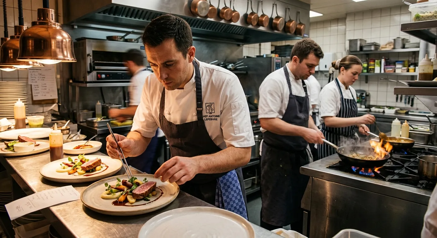 A professional, high-energy kitchen scene. A head chef in crisp whites is plating a dish while two s... A professional, high-energy kitchen scene. A head chef in crisp whites is plating a dish while two sous chefs work efficiently in the background. The mood is focused, fast-paced, and skilled, with warm lighting highlighting the food.