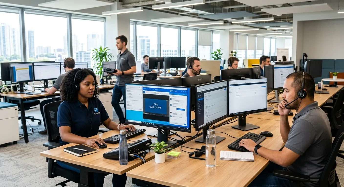 A modern, diverse IT help desk team in a bright, open-plan office. A Help Desk Engineer is actively... A modern, diverse IT help desk team in a bright, open-plan office. A Help Desk Engineer is actively assisting a colleague via remote desktop software on a dual-monitor setup, while another takes a call. Style: Professional, vibrant, and tech-focused. Mood: Collaborative, efficient, and solution-oriented.