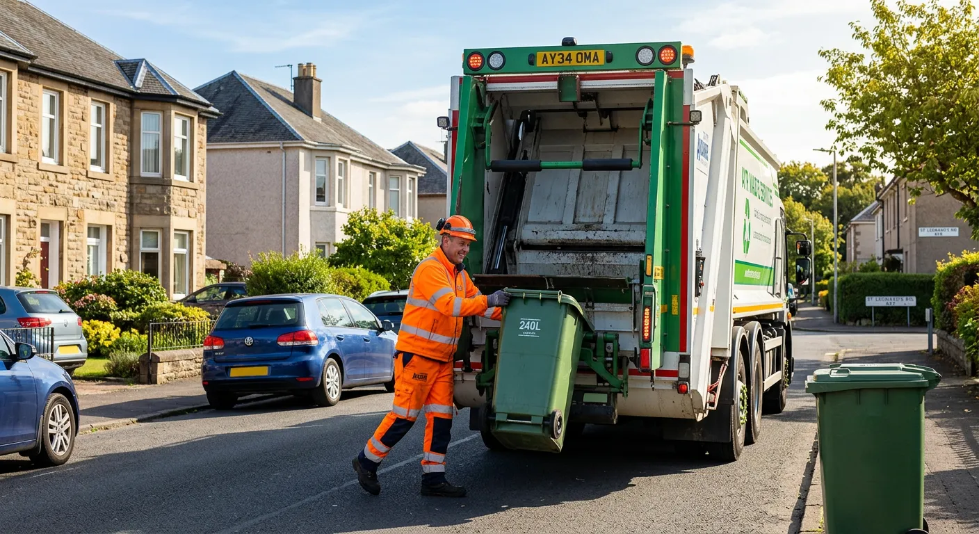 A professional, positive image of a worker in high-visibility clothing efficiently loading waste into a modern refuse collection vehicle on a sunny day in a residential street in Ayr. The image conveys reliability, cleanliness, and active employment.