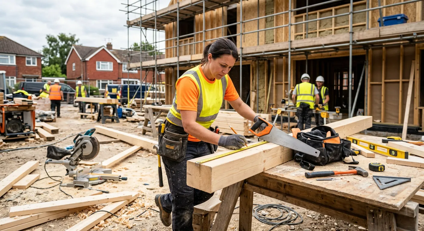 A skilled carpenter in high-visibility clothing measuring and cutting timber on a residential construction site in Southampton, with tools and wood shavings visible, professional and focused mood, natural daylight, realistic style