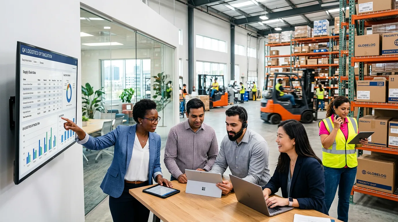 A dynamic, professional hero image showing a diverse team of professionals in a modern office and warehouse environment collaborating. The style is bright, optimistic, and high-contrast, focusing on people connecting and working with technology.