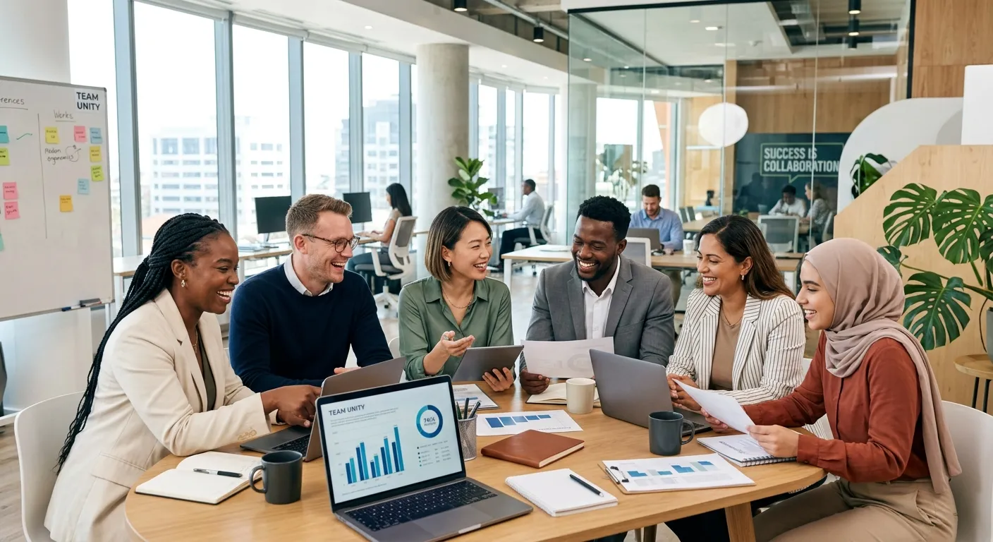 A diverse group of professional, confident employees in a modern office setting, collaborating and smiling. Style is bright, professional, and aspirational, with a focus on teamwork and success.