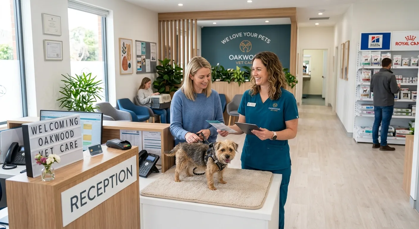 A modern, friendly veterinary clinic reception area. A professional, smiling veterinary receptionist in scrubs is helping a client with a pet at the front desk. Bright, clean, and welcoming atmosphere.