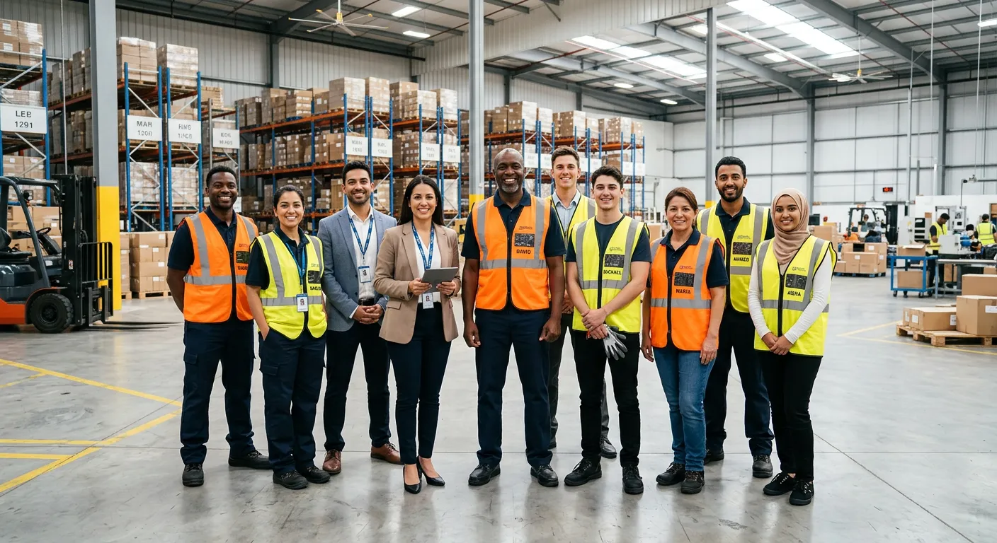 Professional, diverse group of workers in high-visibility vests and corporate attire standing confidently in a modern warehouse or light industrial setting, smiling and looking at the camera. Style: Bright, inspiring, professional corporate photography.