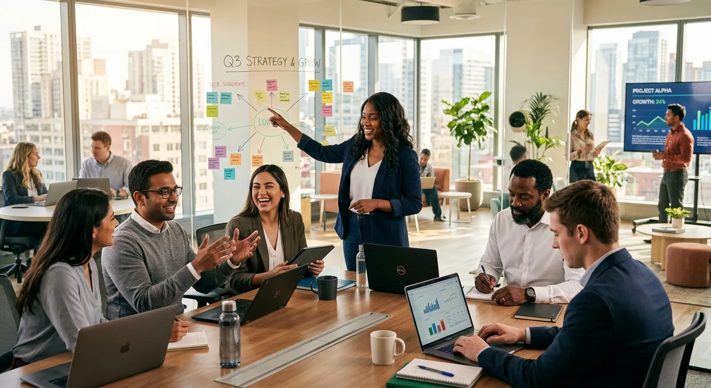 A professional, diverse team of employees collaborating in a modern, sunlit office. The mood is energetic, successful, and forward-thinking. Style: high-resolution corporate photography with a focus on collaboration and technology.