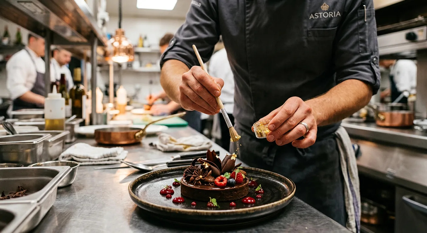 A high-contrast, professional photo of an immaculate, artfully plated dessert in a high-end kitchen. A skilled pastry chef's hands are in the foreground, dusting a chocolate tart with gold leaf. Mood is sophisticated, precise, and aspirational.