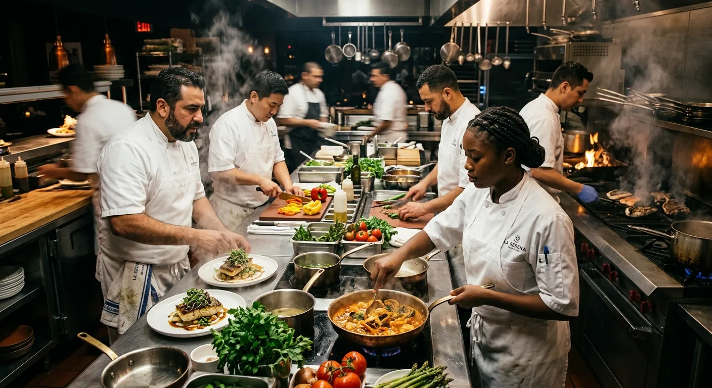A high-energy, professional kitchen scene with a diverse team of chefs in crisp white uniforms colla... A high-energy, professional kitchen scene with a diverse team of chefs in crisp white uniforms collaborating over multiple cooking stations, vibrant food colors, and focused expressions. Moody, dynamic lighting.
