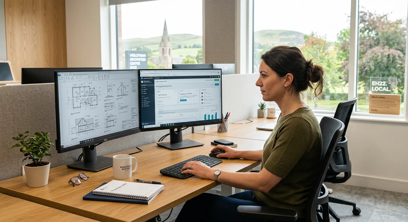 A professional, well-lit photograph of a person working at a modern desk with dual monitors displaying technical diagrams and a content management system. The setting is a bright, organised office, conveying a calm and focused atmosphere. The image should feel local to the EH22 (Dalkeith, Bonnyrigg) area, perhaps with subtle Scottish branding or greenery outside the window.