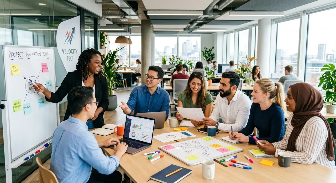 A diverse group of modern professionals collaborating in a bright, open-plan office, with a focus on... A diverse group of modern professionals collaborating in a bright, open-plan office, with a focus on teamwork and strategic discussion. Style: Corporate, vibrant, and aspirational. Mood: Energetic, successful, and future-focused.