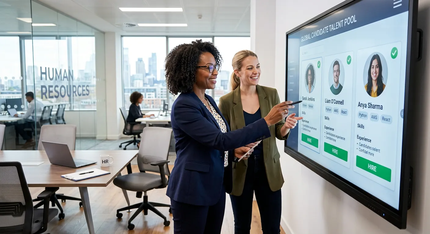 A modern, professional office setting where an HR manager and a recruitment outsourcing specialist are reviewing candidate profiles on a large digital screen, smiling with confidence. Style: Bright, high-contrast, professional. Mood: Collaborative, efficient, and forward-thinking.