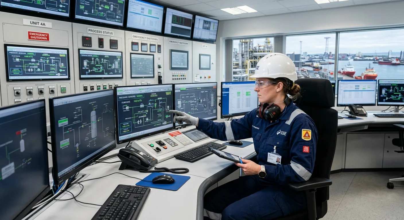 A professional photograph of a plant operator in a modern industrial facility in Aberdeen, wearing P... A professional photograph of a plant operator in a modern industrial facility in Aberdeen, wearing PPE, safely monitoring complex control panels. The image conveys safety, technical skill, and a clean, efficient work environment.