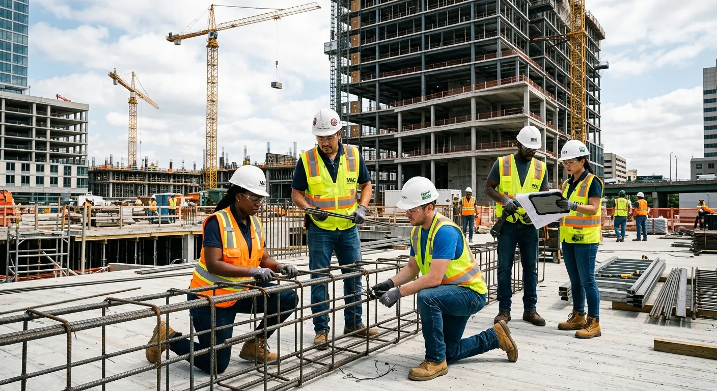 A high-energy, professional construction site photo showing a diverse team of labourers in hi-vis vests and hard hats collaborating on a modern building project, with cranes in the background. Mood: Busy, competent, and safety-focused.