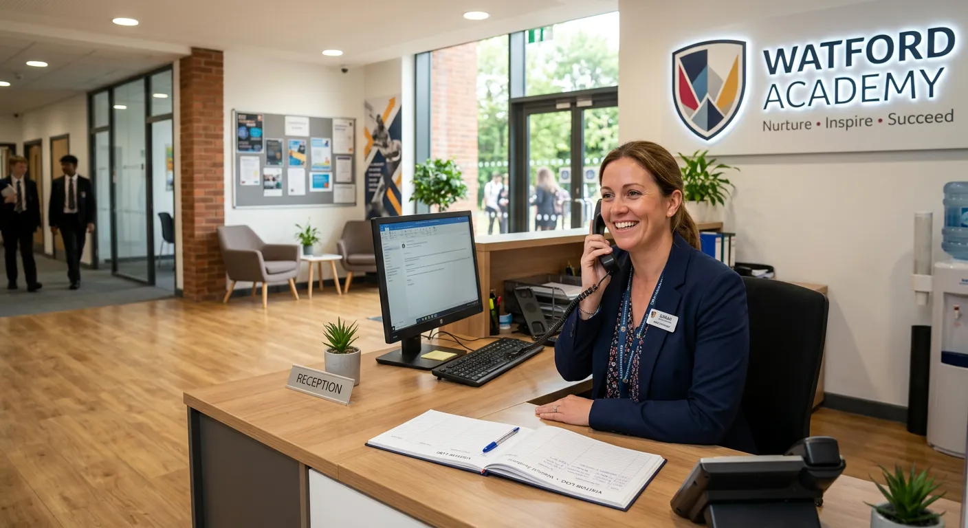 A professional, welcoming image of a modern school reception area in Watford. A friendly receptionis... A professional, welcoming image of a modern school reception area in Watford. A friendly receptionist is smiling, holding a phone, with a tidy desk, computer, and sign-in book visible. The mood is organised, warm, and efficient.