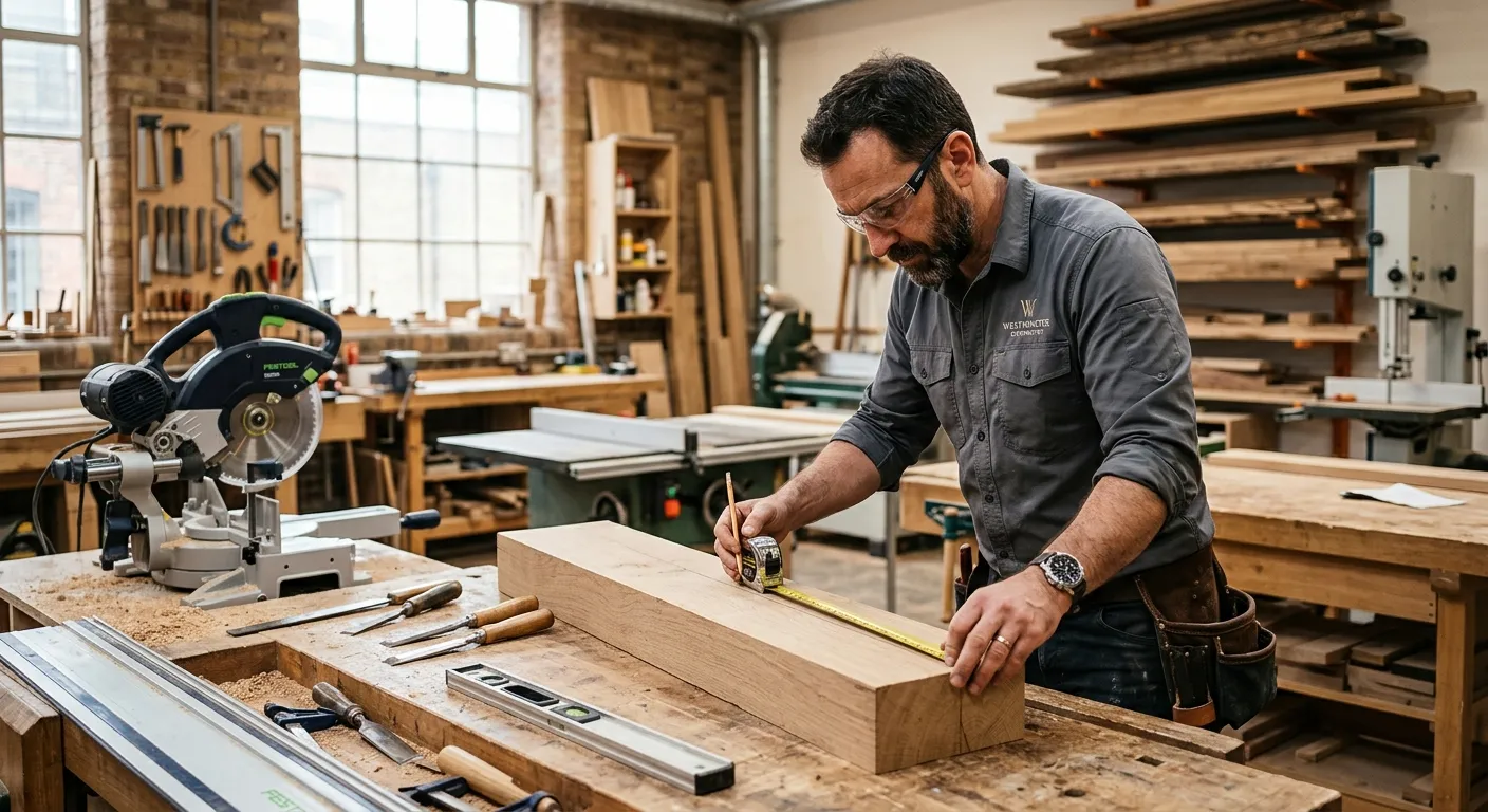 A professional, well-lit photograph of a skilled carpenter in a modern workshop in Westminster, care... A professional, well-lit photograph of a skilled carpenter in a modern workshop in Westminster, carefully measuring and cutting a piece of high-quality timber. The mood is focused, skilled, and professional, showcasing the precision of the trade.