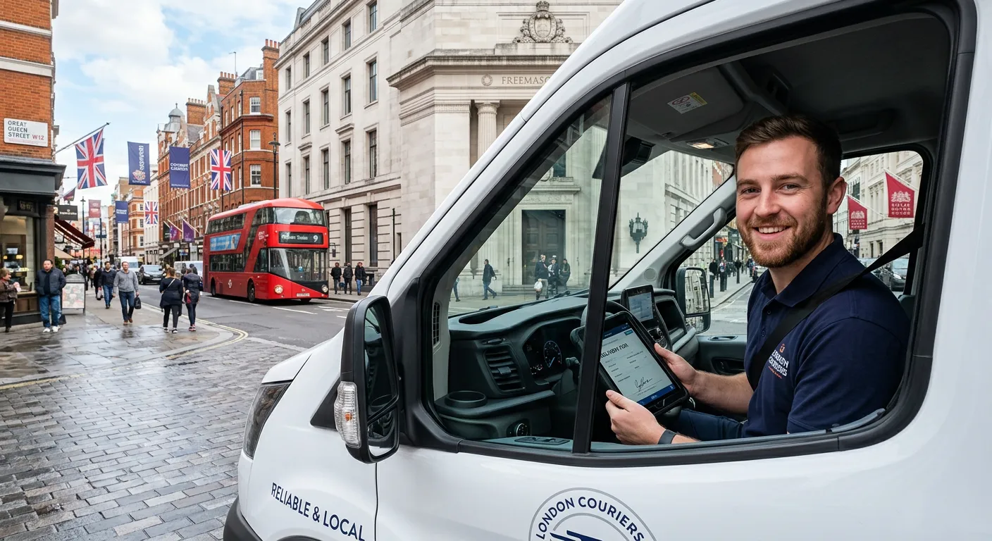 A professional, dynamic image of a driver in a modern, clean van in Central London, near Covent Garden or Holborn, representing London WC2. The driver is smiling, holding a delivery tablet, with iconic London architecture in the background. Style: professional, welcoming, urban.