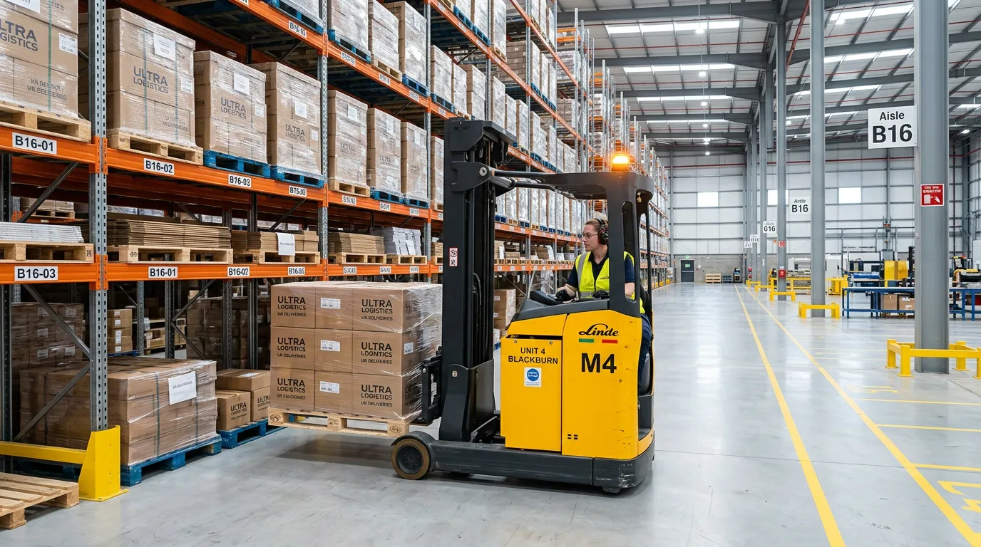 Professional, wide-angle photograph of a modern, clean warehouse in Blackburn, with a skilled forkli... Professional, wide-angle photograph of a modern, clean warehouse in Blackburn, with a skilled forklift operator safely moving pallets in a well-organised storage aisle. The image should convey professionalism, safety, and efficiency.