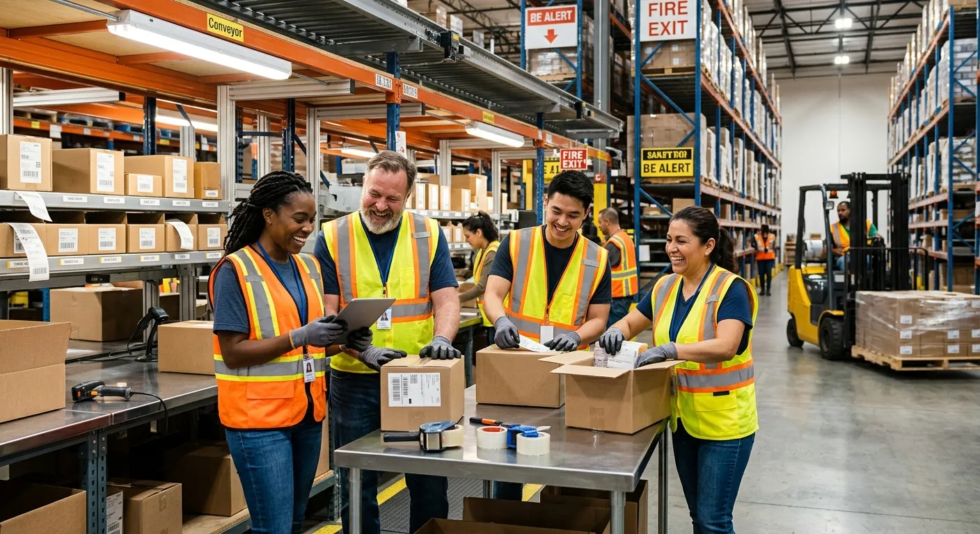 A diverse group of warehouse workers in high-vis vests, smiling and collaborating in a modern, organized distribution center.