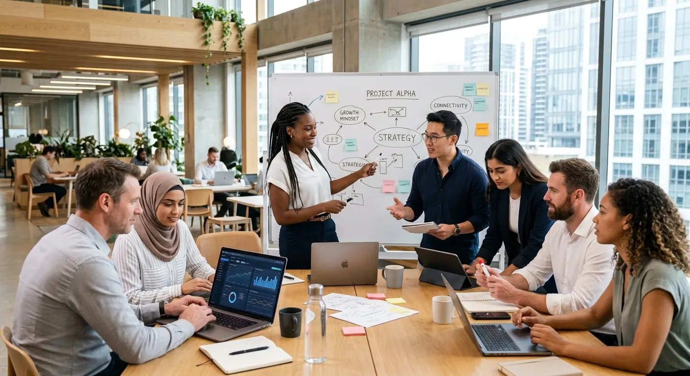 A diverse group of modern professionals collaborating in a bright, open-plan office. Style is profes... A diverse group of modern professionals collaborating in a bright, open-plan office. Style is professional, crisp, and forward-looking, with a focus on connection and strategy.