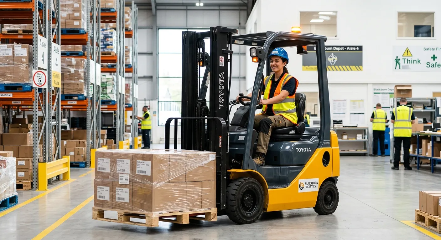 A professional, confident forklift driver in a modern, well-organised warehouse in Blackburn, safely operating a counterbalance forklift, wearing high-visibility clothing and a smile. The image should convey competence, safety, and a positive work environment.
