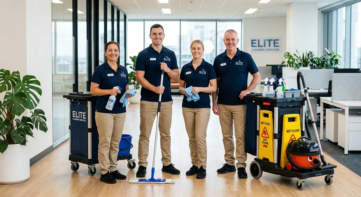 A professional, high-resolution image of a team of cleaning specialists in crisp uniforms, smiling confidently in a bright, immaculate office environment. They are equipped with modern cleaning trolleys and tools, conveying professionalism and trust.
